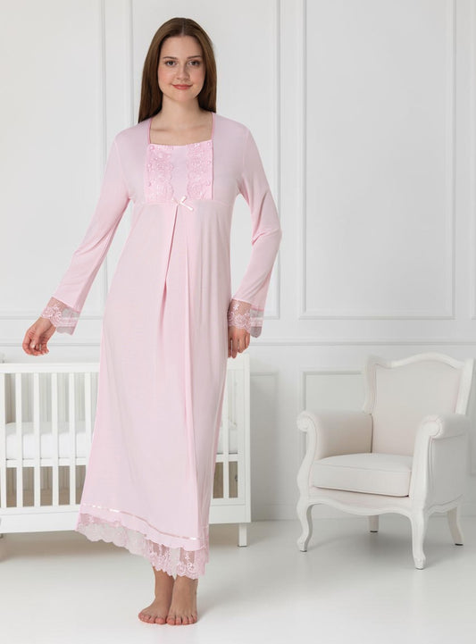 Pink nightie & robe set by Mini Plum – long-sleeve nursing nightwear with square neck, breastfeeding-friendly, hospital bag ready