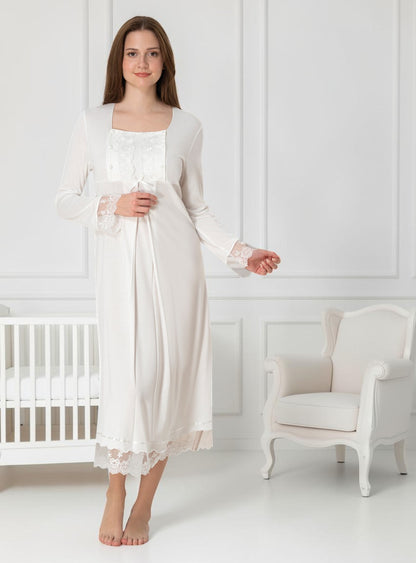 White nightie & robe set by Mini Plum – long-sleeve nursing nightwear with square neck, breastfeeding-friendly, hospital bag ready