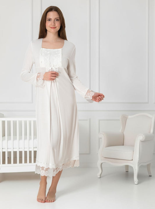 White nightie & robe set by Mini Plum – long-sleeve nursing nightwear with square neck, breastfeeding-friendly, hospital bag ready