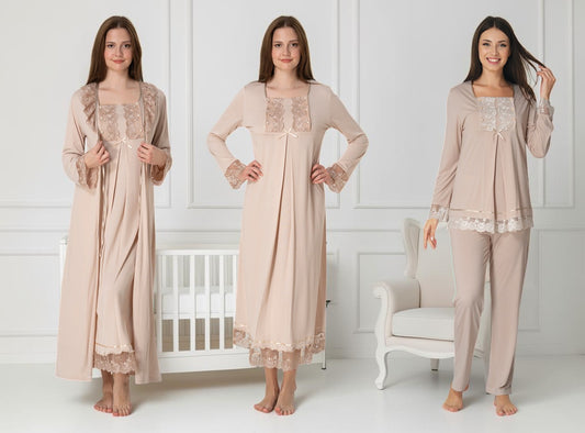 Beige 4-piece maternity set by Mini Plum – long-sleeve nursing nightwear with square neck, breastfeeding-friendly, hospital bag ready