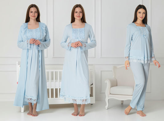 Blue 4-piece maternity set by Mini Plum – long-sleeve nursing nightwear with square neck, breastfeeding-friendly, hospital bag ready