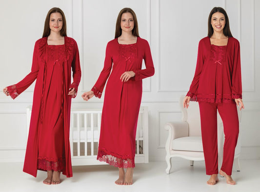 Cherry Red 4-piece maternity set by Mini Plum – long-sleeve nursing nightwear with square neck, breastfeeding-friendly, hospital bag ready