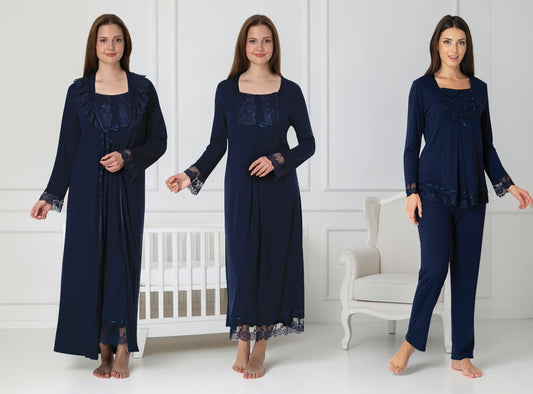 Navy 4-piece maternity set by Mini Plum – long-sleeve nursing nightwear with square neck, breastfeeding-friendly, hospital bag ready