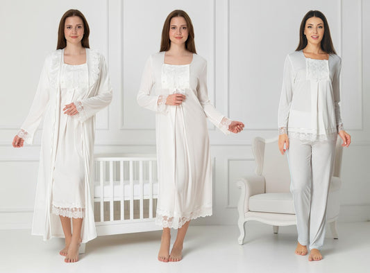 White 4-piece maternity set by Mini Plum – long-sleeve nursing nightwear with square neck, breastfeeding-friendly, hospital bag ready