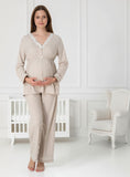 Beige maternity pyjamas by Mini Plum – breastfeeding-friendly nursing nightwear in soft cotton modal, hospital bag ready
