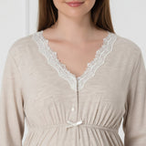 Beige maternity pyjamas by Mini Plum – lace neckline & button-front nursing detail, cotton modal