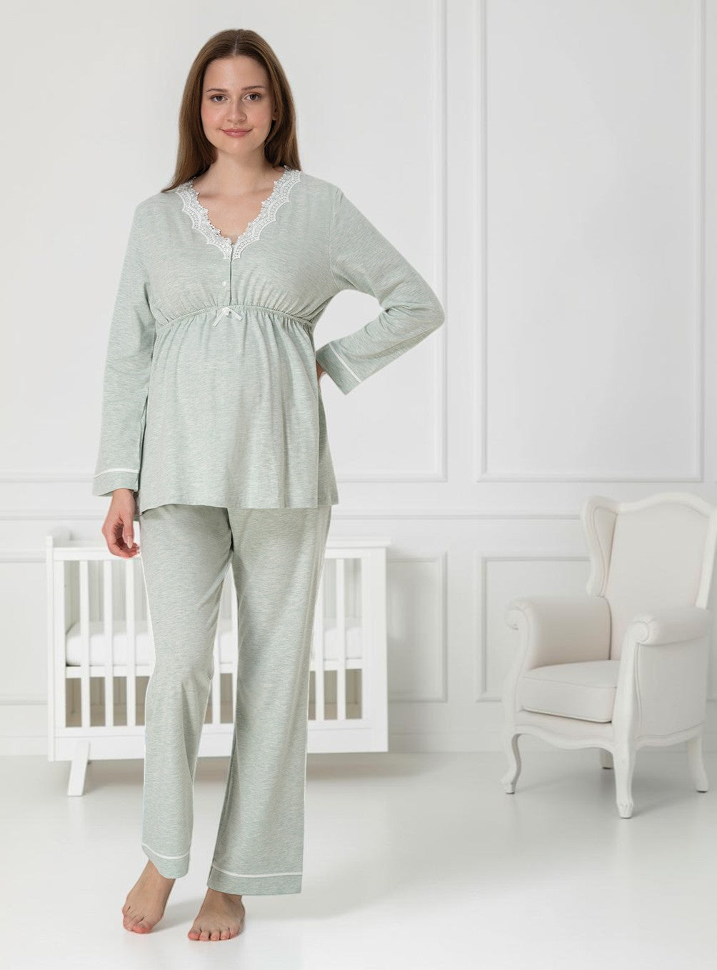 Green maternity pyjamas by Mini Plum – long-sleeve nursing nightwear with V-neck, breastfeeding-friendly, hospital bag ready