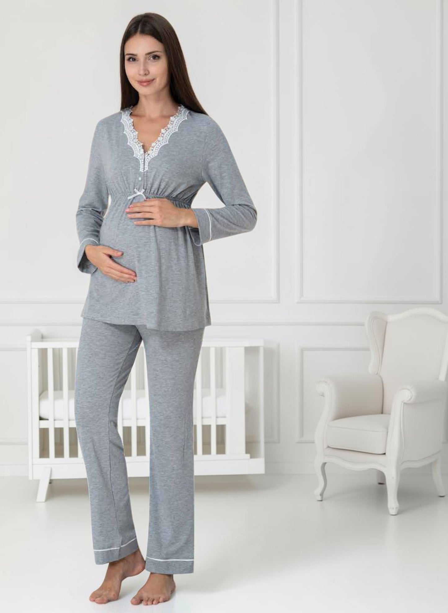 Grey maternity pyjamas by Mini Plum – lace detail and V-neck, maternity & nursing