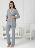 Grey maternity pyjamas by Mini Plum – lace neckline & button-front nursing detail, cotton modal
