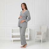Grey maternity pyjamas by Mini Plum – side view, bump-friendly fit for pregnancy & postpartum