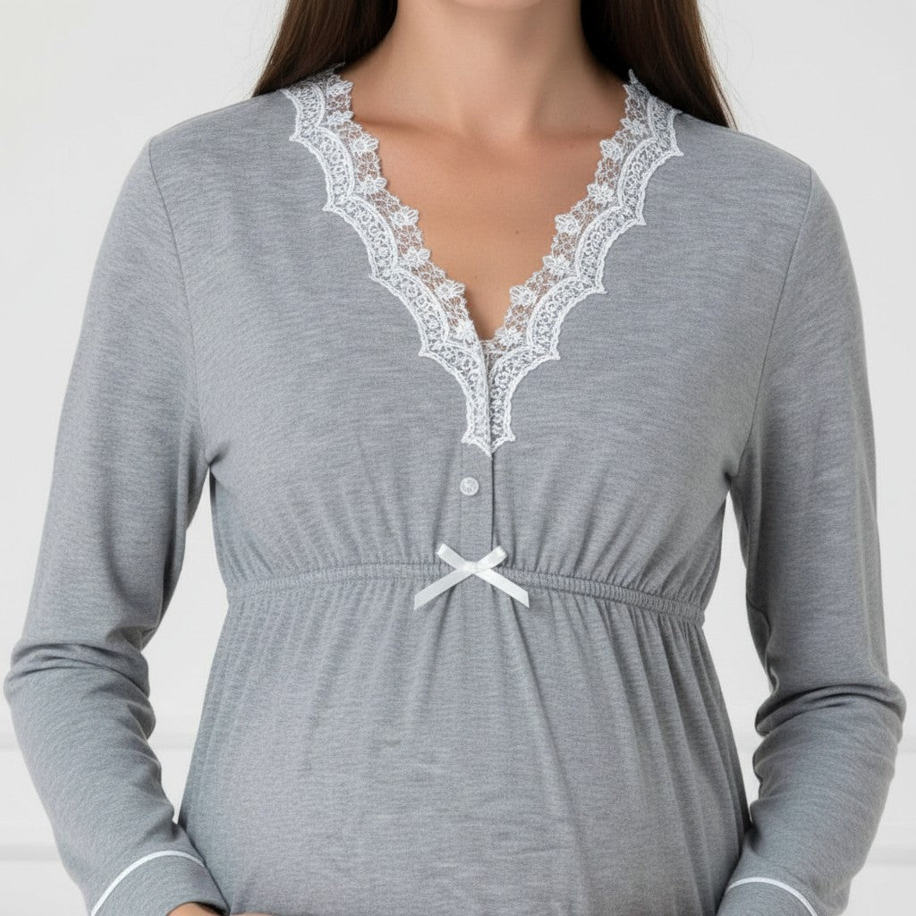 Grey maternity pyjamas by Mini Plum – close-up of lace detail, soft cotton-modal fabric