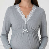 Grey maternity pyjamas by Mini Plum – long-sleeve breastfeeding nightwear, fabric detail