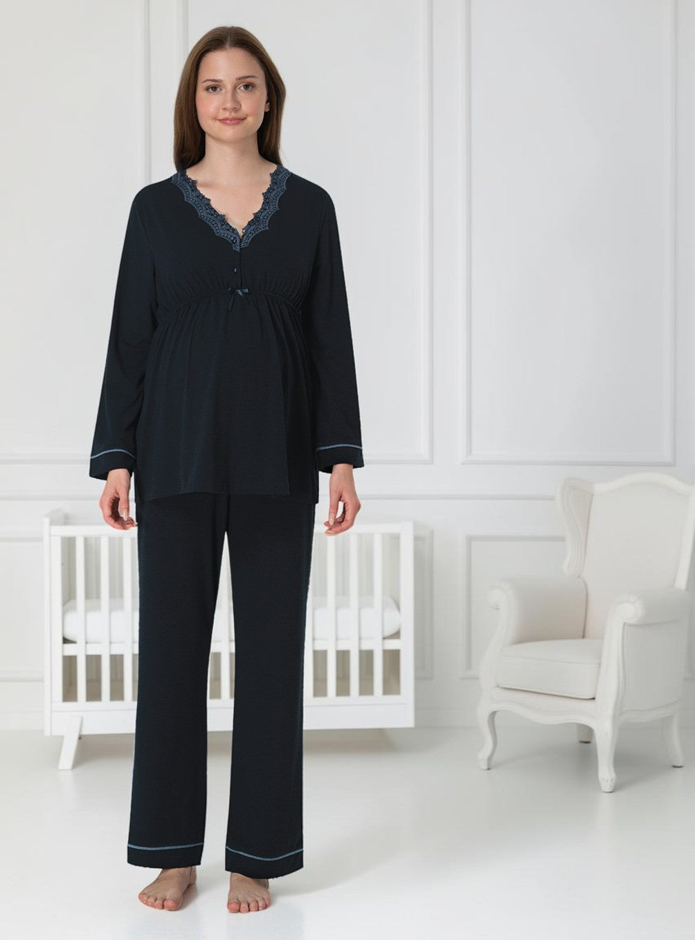 Navy maternity pyjamas by Mini Plum – long-sleeve nursing nightwear with V-neck, breastfeeding-friendly, hospital bag ready