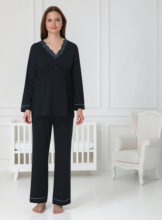 Navy maternity pyjamas by Mini Plum – long-sleeve nursing nightwear with V-neck, breastfeeding-friendly, hospital bag ready