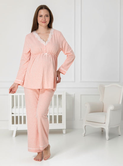 Salmon maternity pyjamas by Mini Plum – long-sleeve nursing nightwear with V-neck, breastfeeding-friendly, hospital bag ready