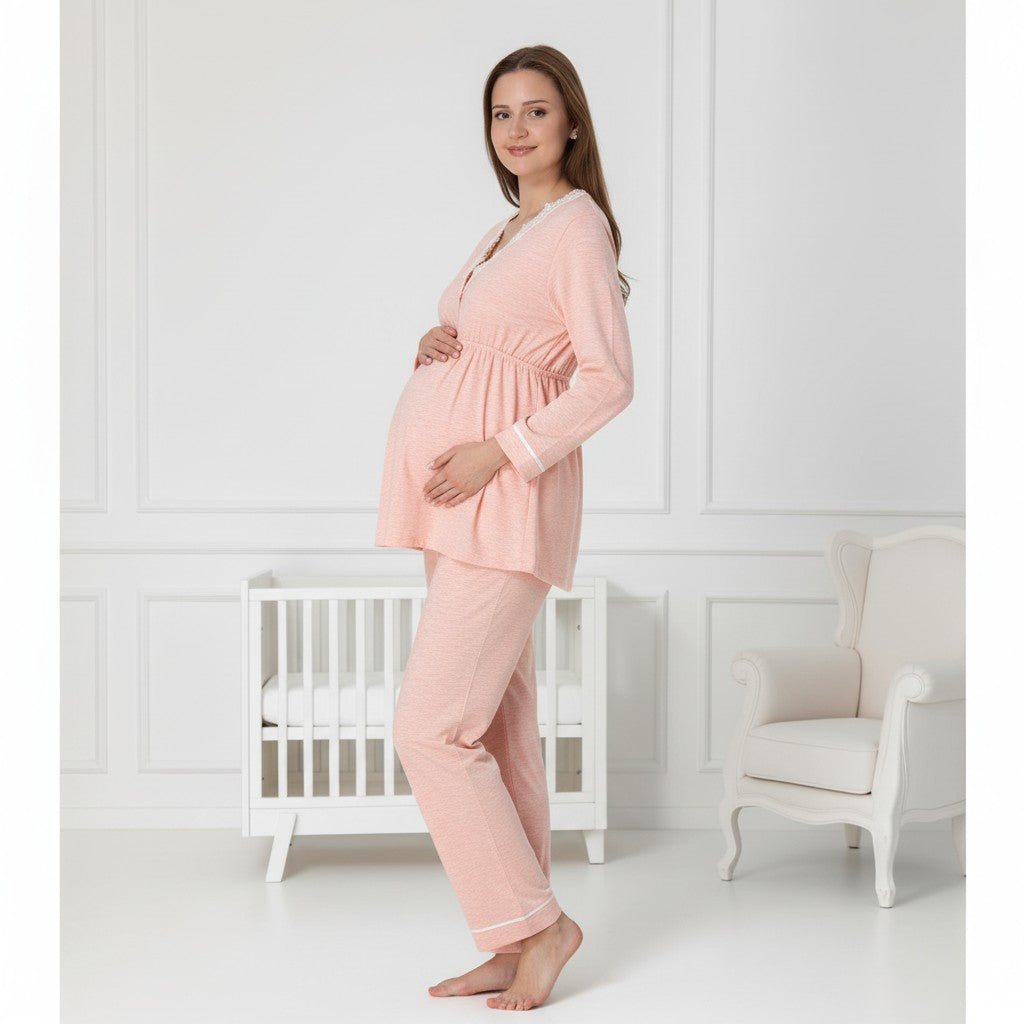 Salmon maternity pyjamas by Mini Plum – lace detail and V-neck, maternity & nursing