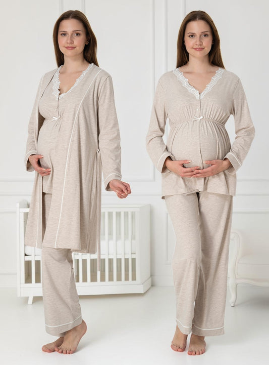 Beige 4-piece maternity set by Mini Plum – long-sleeve nursing nightwear with V-neck, breastfeeding-friendly, hospital bag ready