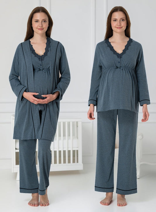 Blue 4-piece maternity set by Mini Plum – long-sleeve nursing nightwear with V-neck, breastfeeding-friendly, hospital bag ready