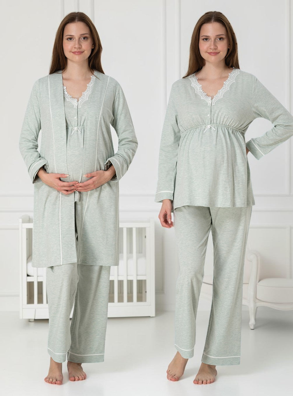 Green 4-piece maternity set by Mini Plum – long-sleeve nursing nightwear with V-neck, breastfeeding-friendly, hospital bag ready