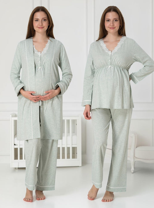 Green 4-piece maternity set by Mini Plum – long-sleeve nursing nightwear with V-neck, breastfeeding-friendly, hospital bag ready