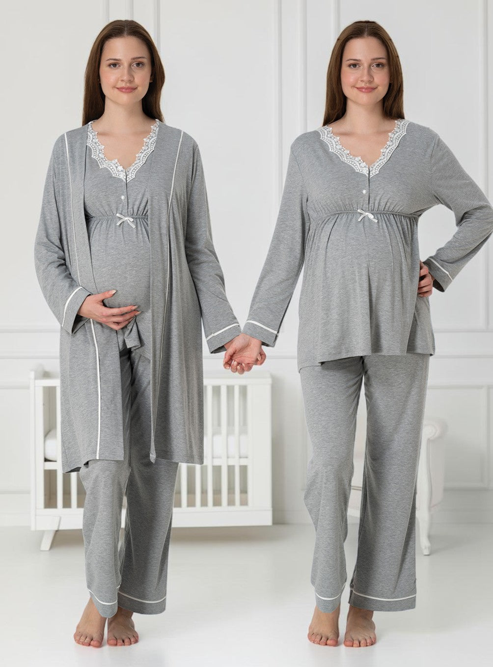 Grey 4-piece maternity set by Mini Plum – long-sleeve nursing nightwear with V-neck, breastfeeding-friendly, hospital bag ready