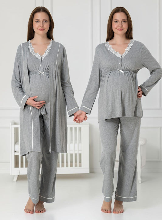 Grey 4-piece maternity set by Mini Plum – long-sleeve nursing nightwear with V-neck, breastfeeding-friendly, hospital bag ready