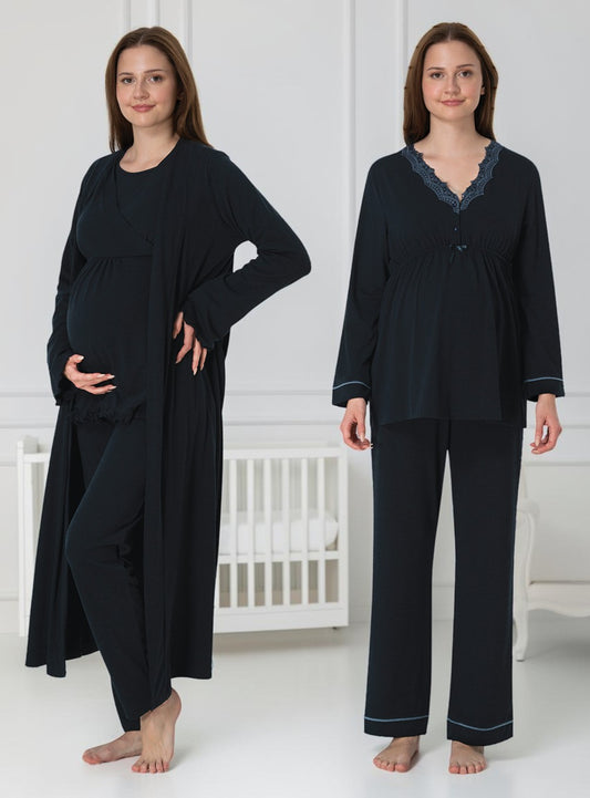 Navy 4-piece maternity set by Mini Plum – long-sleeve nursing nightwear with V-neck, breastfeeding-friendly, hospital bag ready