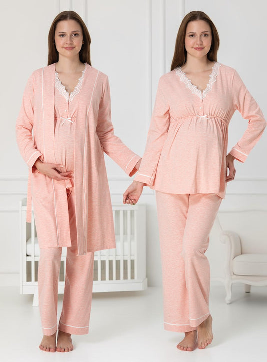 Salmon 4-piece maternity set by Mini Plum – long-sleeve nursing nightwear with V-neck, breastfeeding-friendly, hospital bag ready