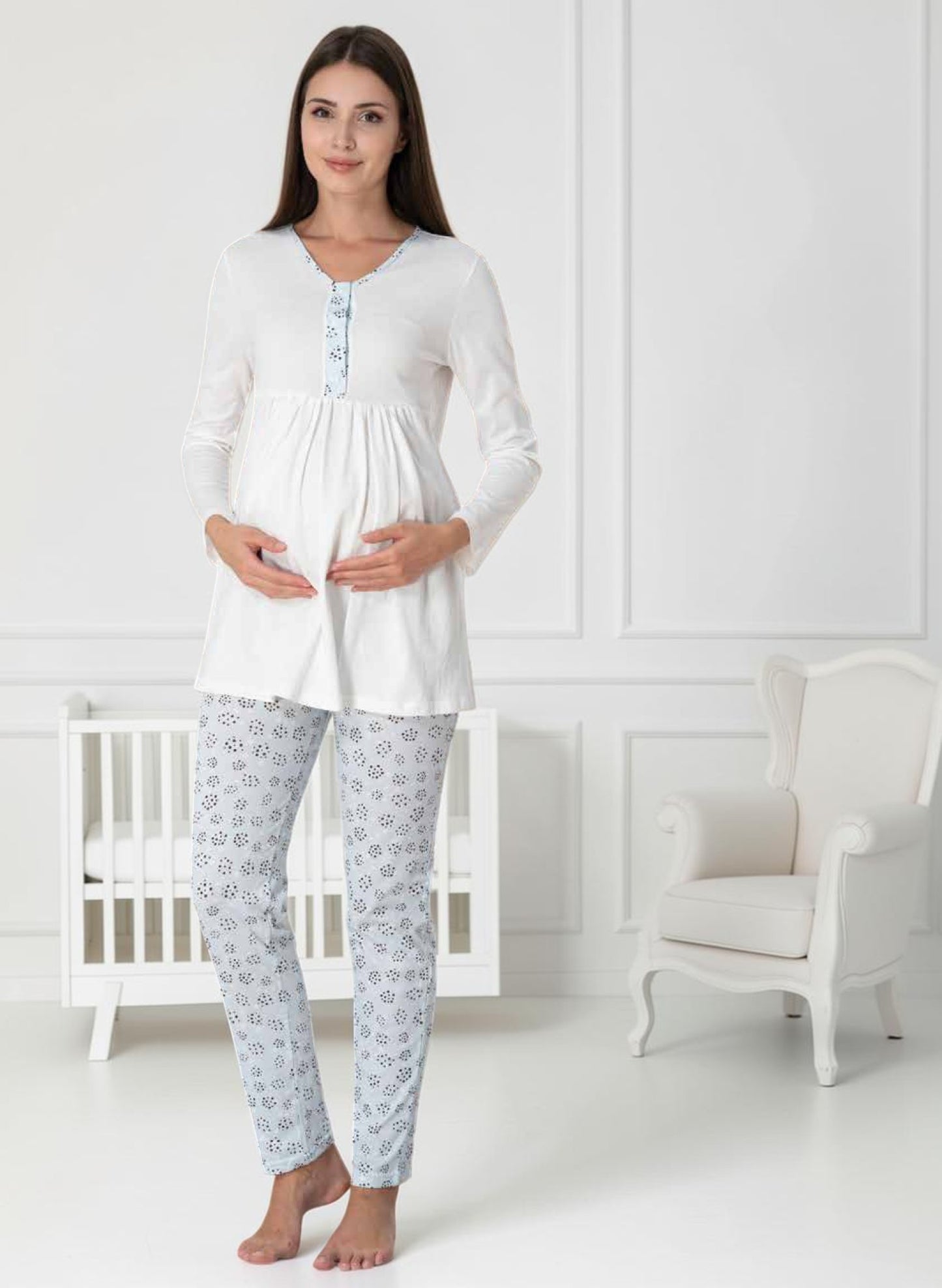 Blue maternity pyjamas by Mini Plum – long-sleeve nursing nightwear with V-neck, breastfeeding-friendly, hospital bag ready