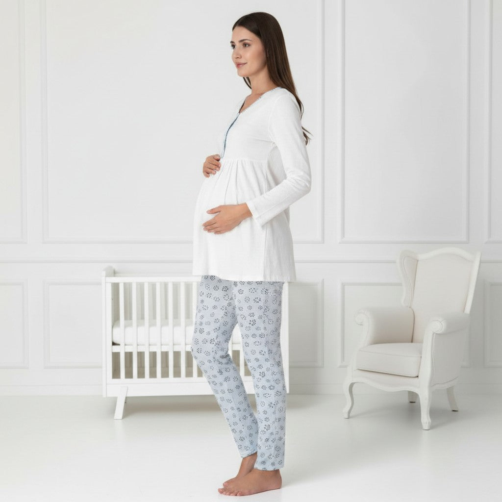 Blue maternity pyjamas by Mini Plum – button-front nursing opening and V-neck, maternity & nursing