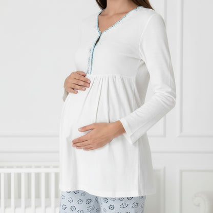 Blue maternity pyjamas by Mini Plum – long-sleeve bump-friendly fit, side view