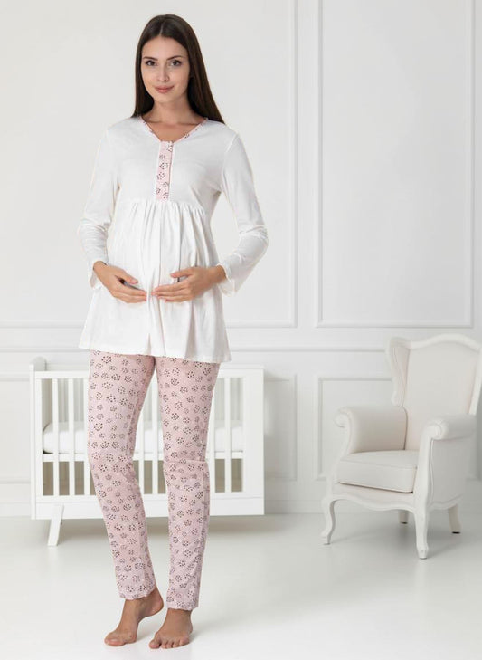 Pink maternity pyjamas by Mini Plum – long-sleeve nursing nightwear with V-neck, breastfeeding-friendly, hospital bag ready