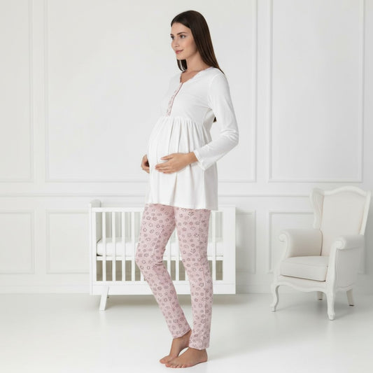 Pink maternity pyjamas by Mini Plum – button-front nursing opening and V-neck, maternity & nursing