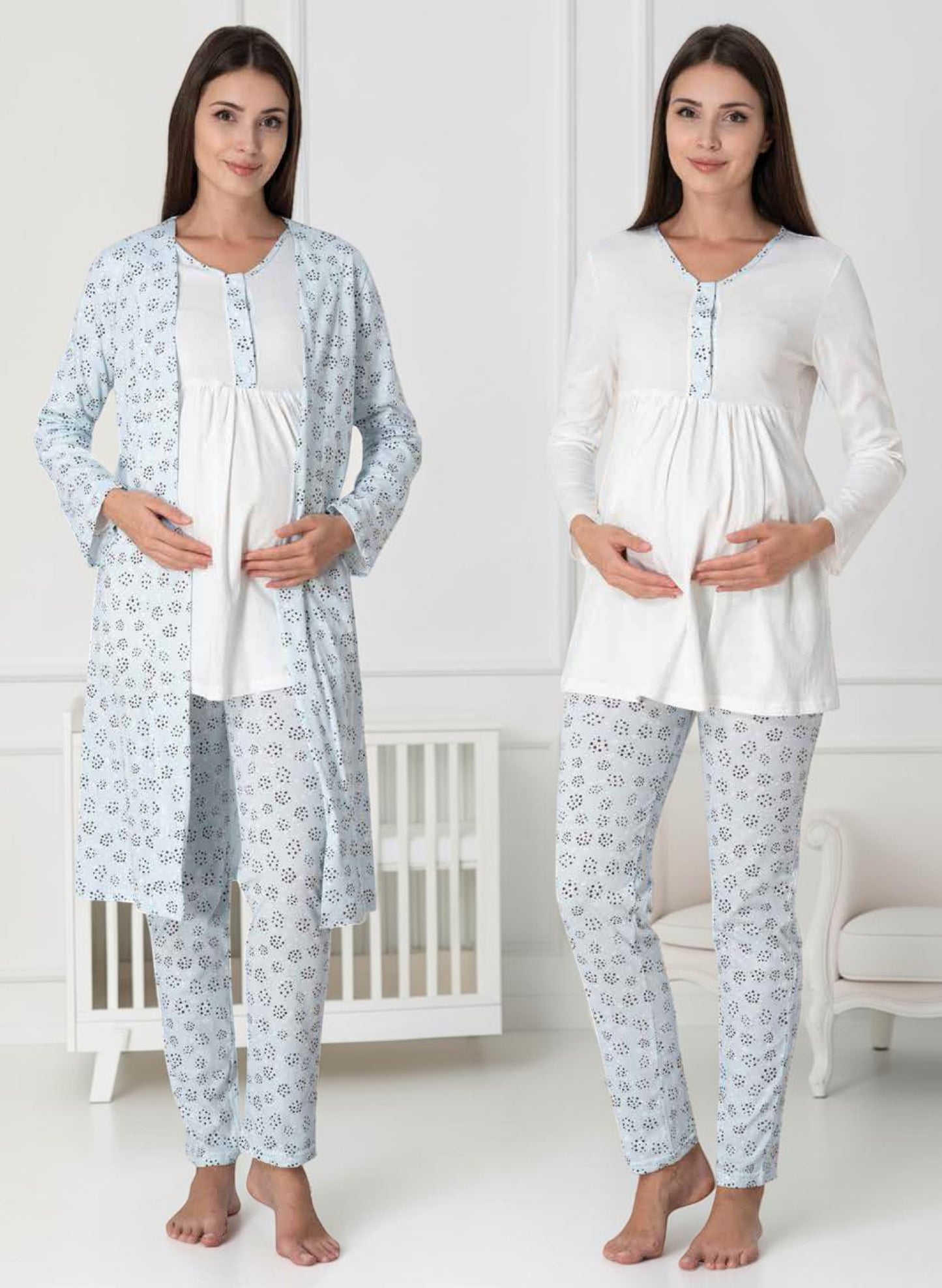 Blue pyjama & robe set by Mini Plum – long-sleeve nursing nightwear with V-neck, breastfeeding-friendly, hospital bag ready