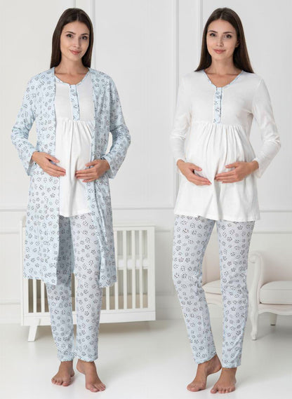 Blue pyjama & robe set by Mini Plum – long-sleeve nursing nightwear with V-neck, breastfeeding-friendly, hospital bag ready