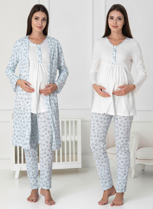 Blue pyjama & robe set by Mini Plum – long-sleeve nursing nightwear with V-neck, breastfeeding-friendly, hospital bag ready