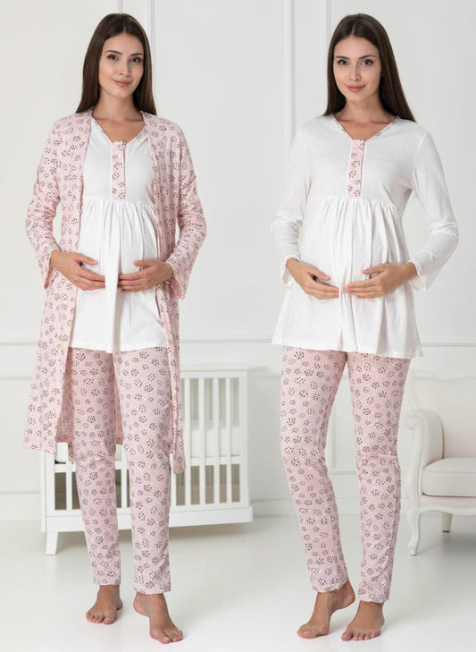 Pink pyjama & robe set by Mini Plum – long-sleeve nursing nightwear with V-neck, breastfeeding-friendly, hospital bag ready