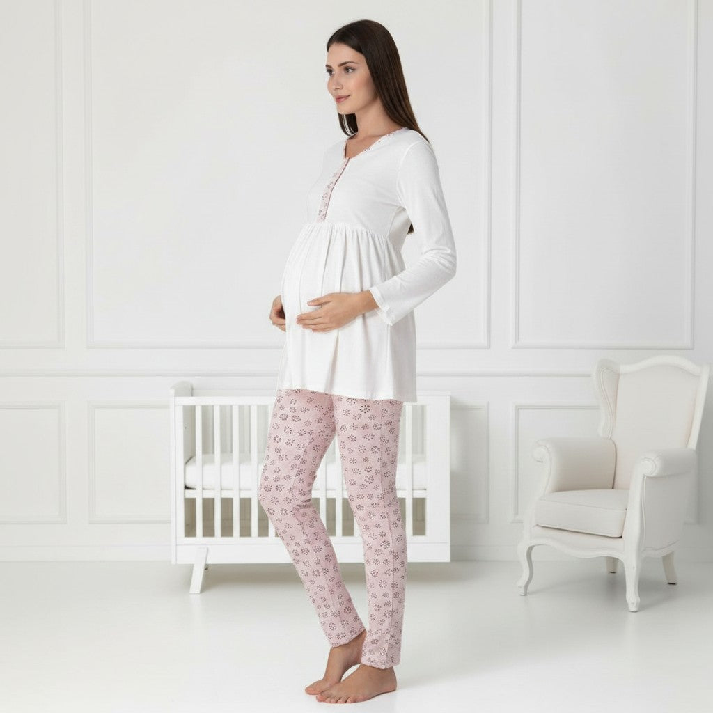 Pink pyjama & robe set by Mini Plum – long-sleeve bump-friendly fit, side view