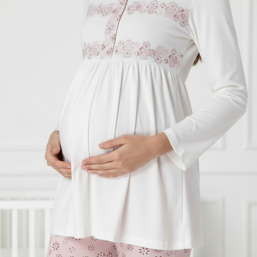 Pink pyjama & robe set by Mini Plum – close-up of V-neck, soft cotton-modal fabric