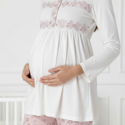 Pink pyjama & robe set by Mini Plum – close-up of V-neck, soft cotton-modal fabric