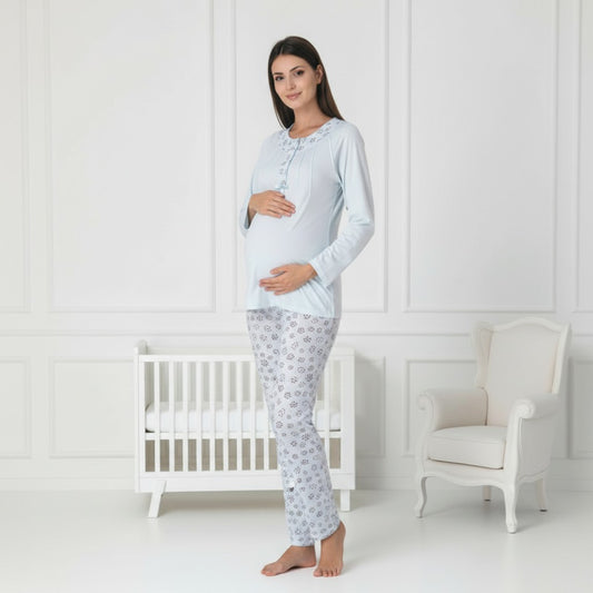 Blue maternity pyjamas by Mini Plum – long-sleeve nursing nightwear with round neck, breastfeeding-friendly, hospital bag ready