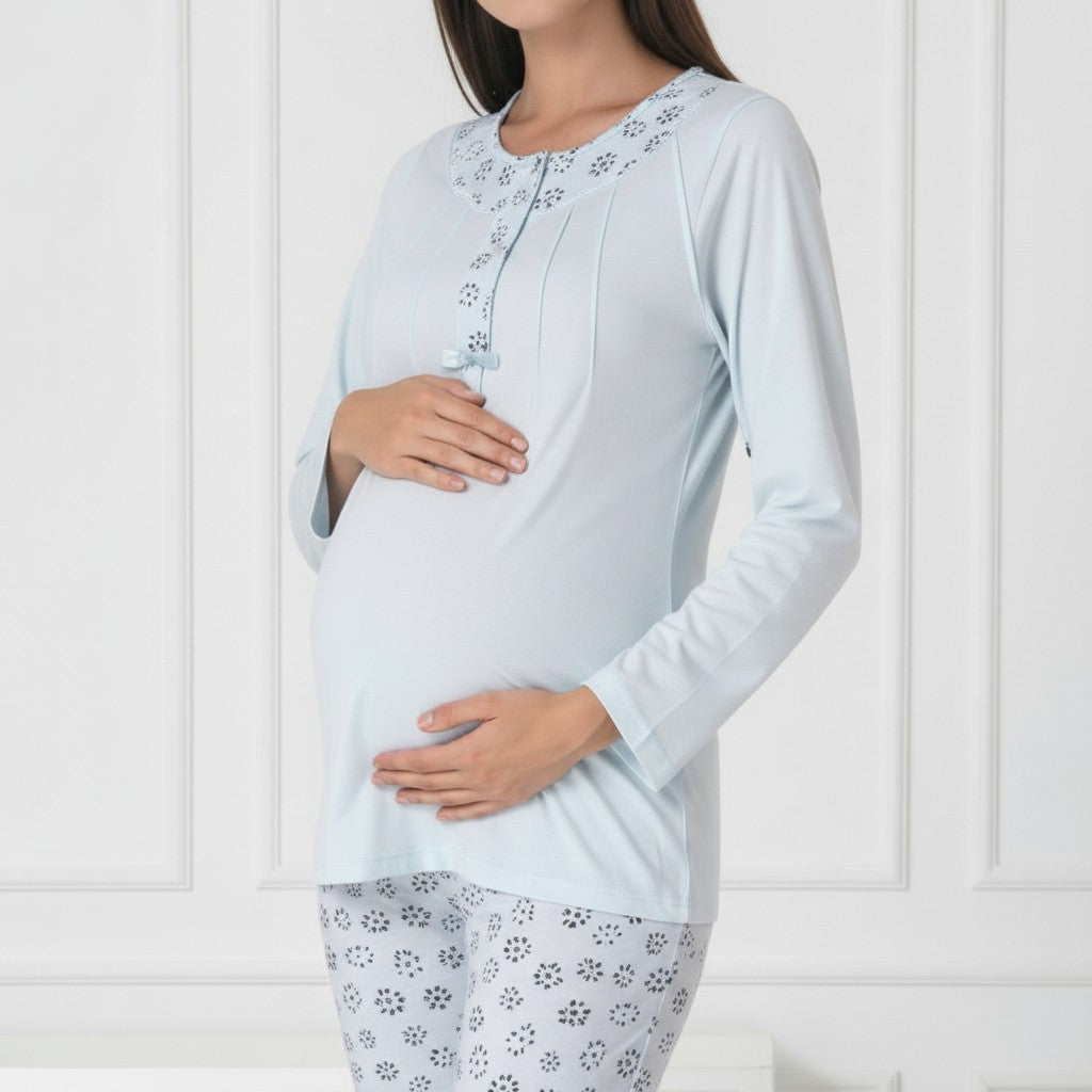 Blue maternity pyjamas by Mini Plum – long-sleeve bump-friendly fit, side view