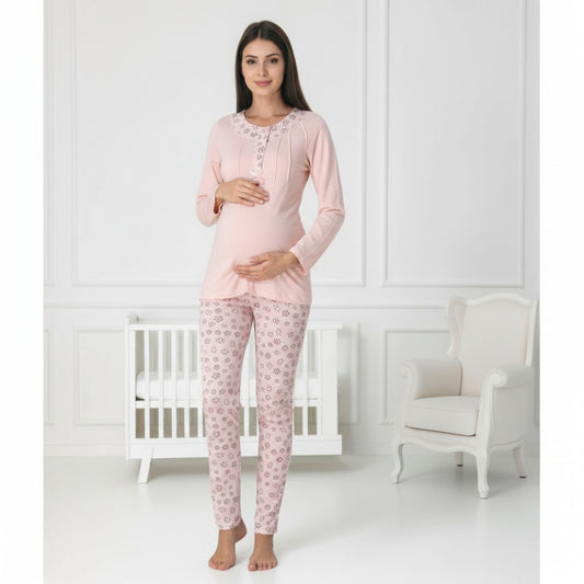 Pink maternity pyjamas by Mini Plum – long-sleeve nursing nightwear with round neck, breastfeeding-friendly, hospital bag ready