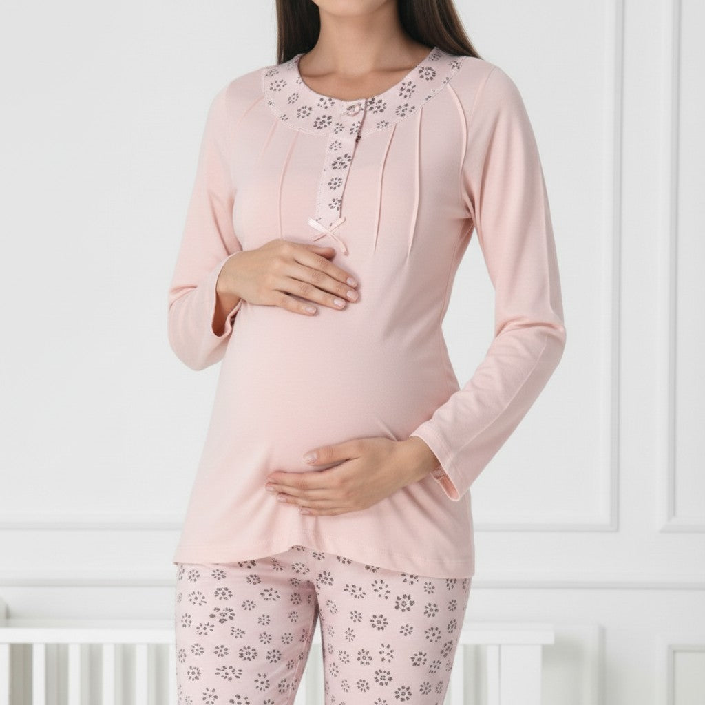 Pink maternity pyjamas by Mini Plum – long-sleeve bump-friendly fit, side view