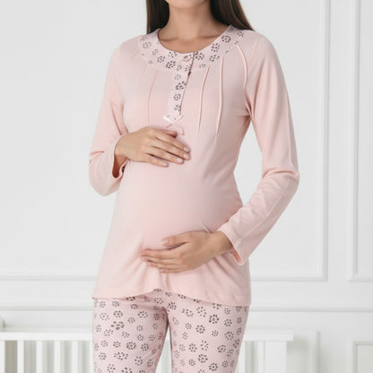 Pink maternity pyjamas by Mini Plum – long-sleeve bump-friendly fit, side view