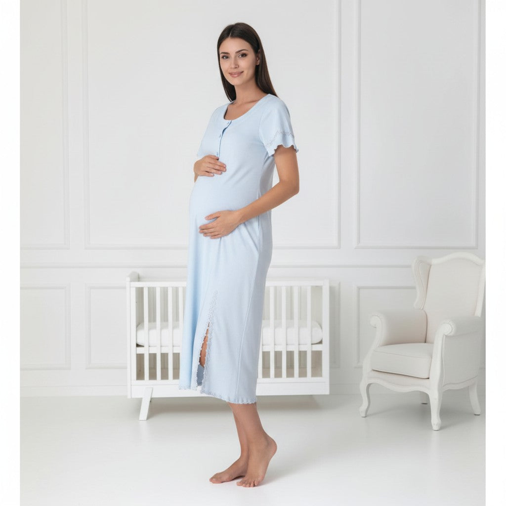 Blue maternity nightdress by Mini Plum – short-sleeve nursing nightwear with scoop neck, breastfeeding-friendly, hospital bag ready