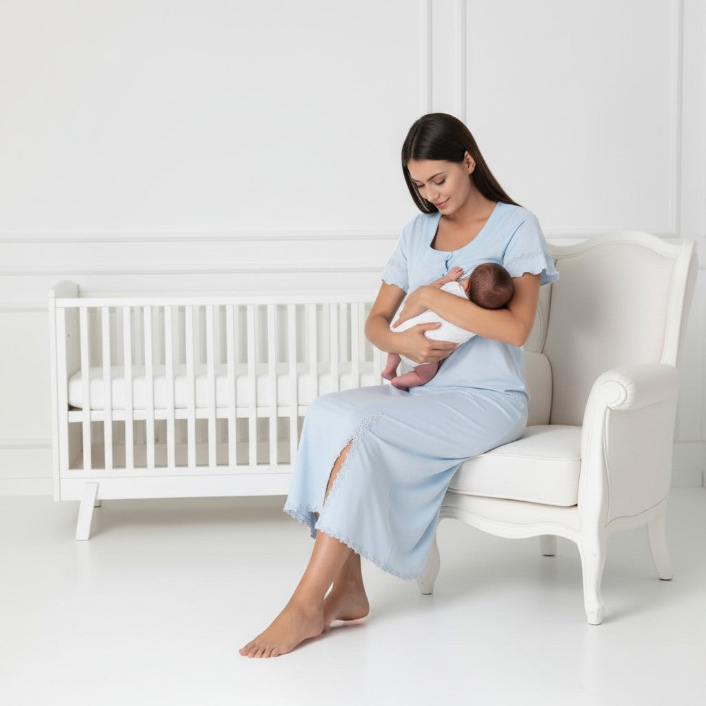 Blue maternity nightdress by Mini Plum – lace detail and scoop neck, maternity & nursing