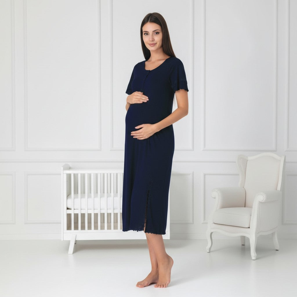 Navy maternity nightdress by Mini Plum – short-sleeve nursing nightwear with scoop neck, breastfeeding-friendly, hospital bag ready