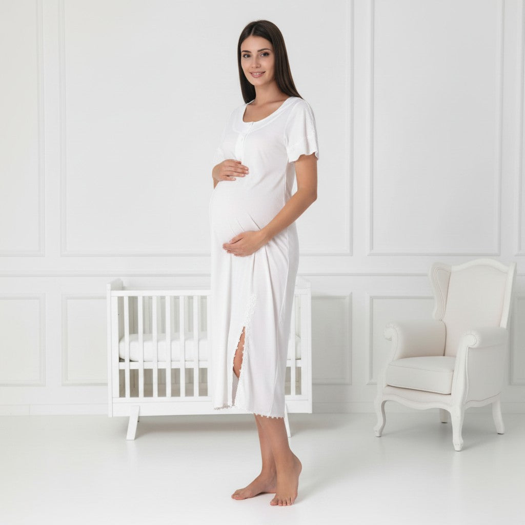 White maternity nightdress by Mini Plum – short-sleeve nursing nightwear with scoop neck, breastfeeding-friendly, hospital bag ready