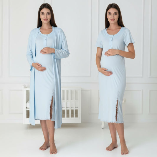 Blue nightie & robe set by Mini Plum – short-sleeve nursing nightwear with scoop neck, breastfeeding-friendly, hospital bag ready